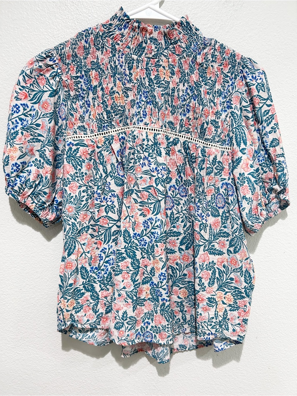 THML Anthro Floral Smocked Puff-Sleeve Top - Pink & Green NWOT